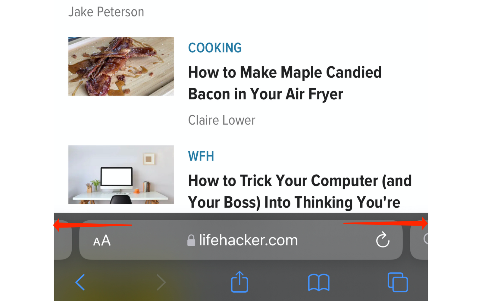 Ảnh chụp màn hình Lifehacker.com mở trong Safari trên iPhone.  Thanh tab dưới cùng có hai mũi tên để biểu thị rằng việc vuốt sang trái hoặc phải sẽ chuyển sang tab mở trước đó hoặc tiếp theo.