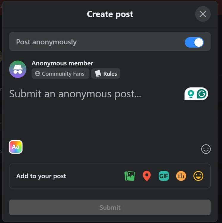 Ảnh chụp màn hình giao diện người dùng Anonymous Post trên Facebook