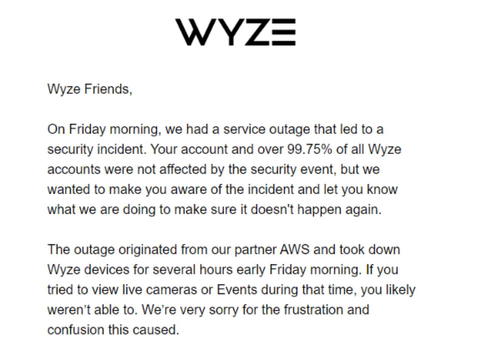 ảnh chụp màn hình email từ Wyze gửi cho khách hàng