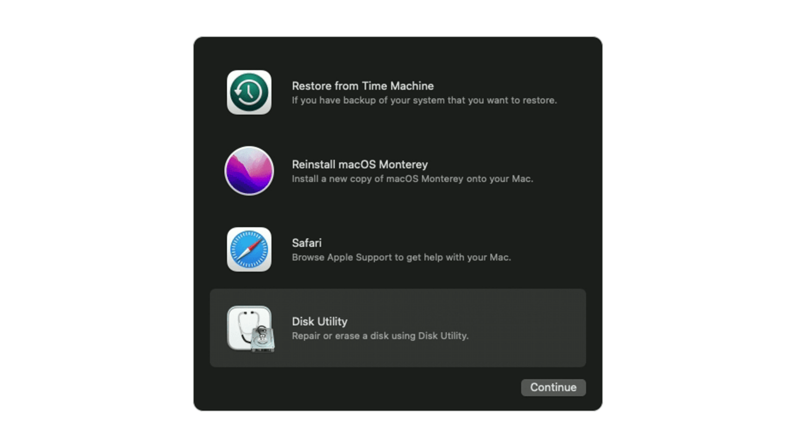 Chọn Disk Utility trong macOS Recovery.