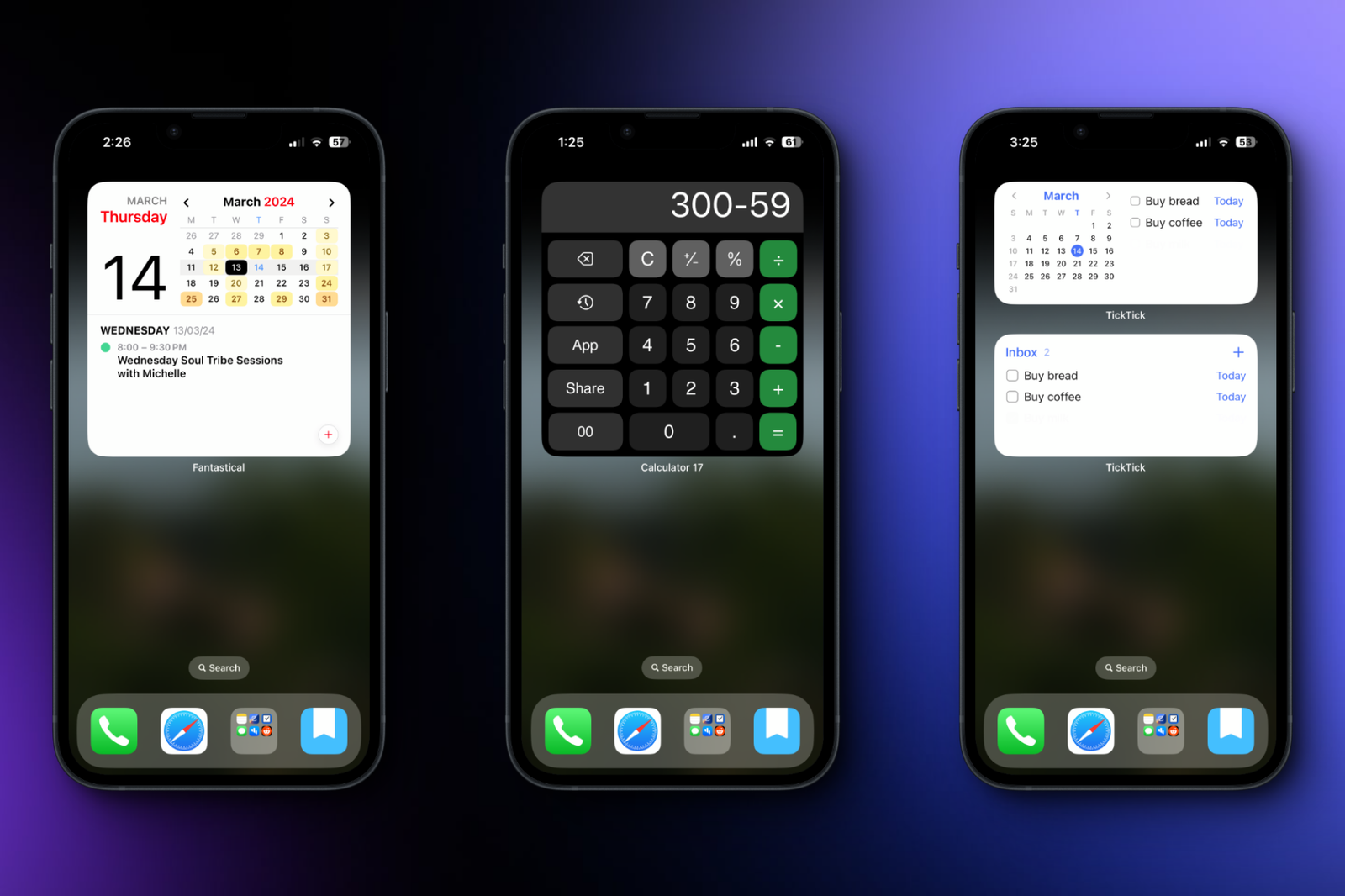 Các tiện ích Fantastical, Calendar 17 và TickTick.